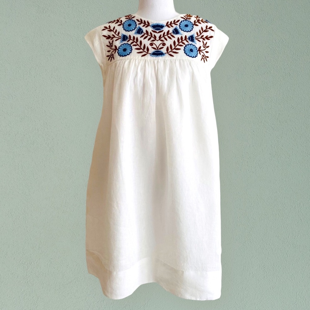 NWT Navy Bleu Cotton Blue Brown Embroidered Linen Shift Dress Tea Mexican Boho S